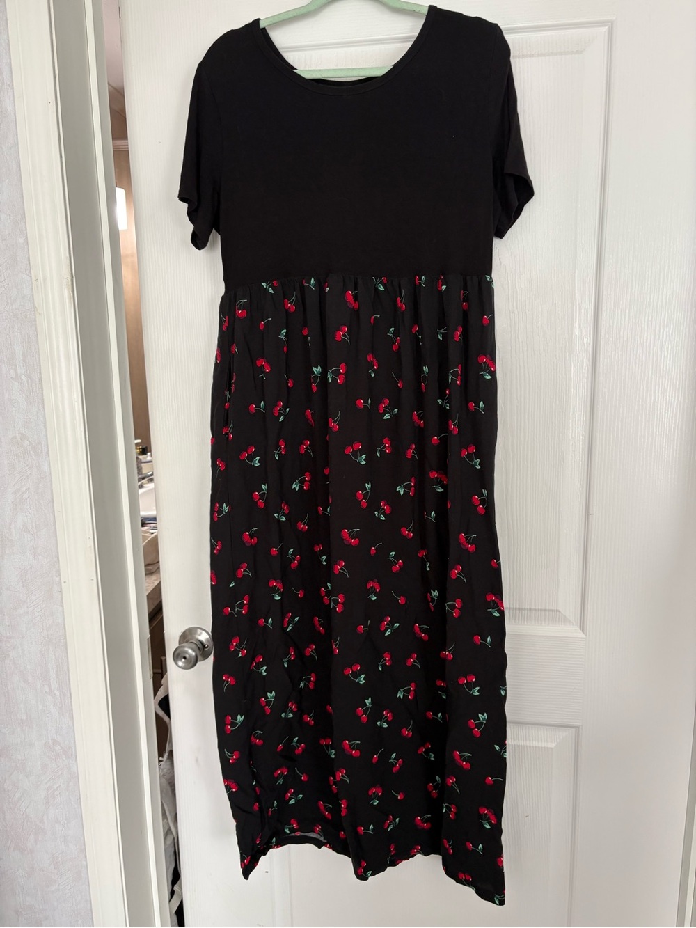 SHEIN Black Midi Dress with Red Cherry Print